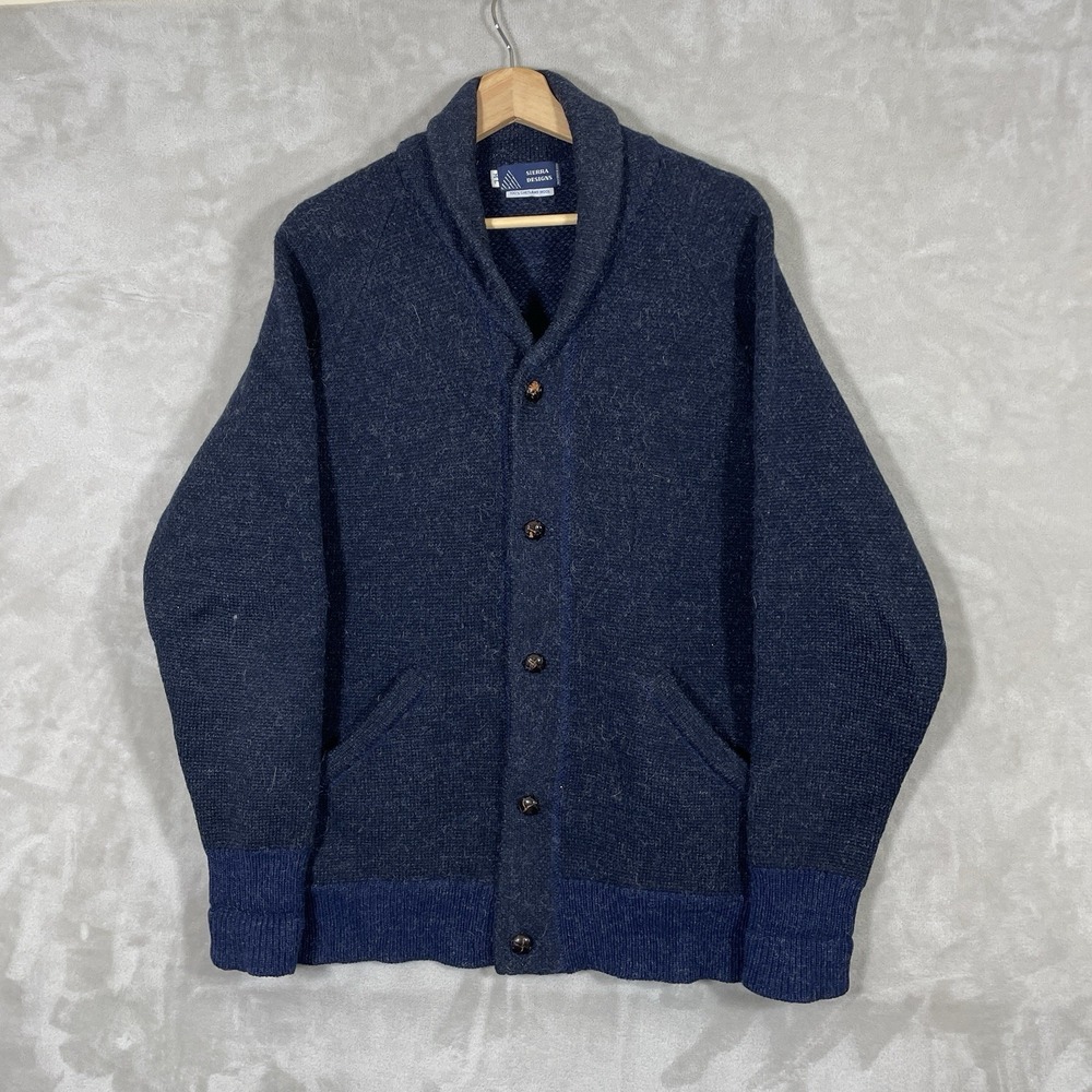 Vintage 80s Shetland Wool Shawl Collar Cardigan Mens M/L Preppy Chunky Blue